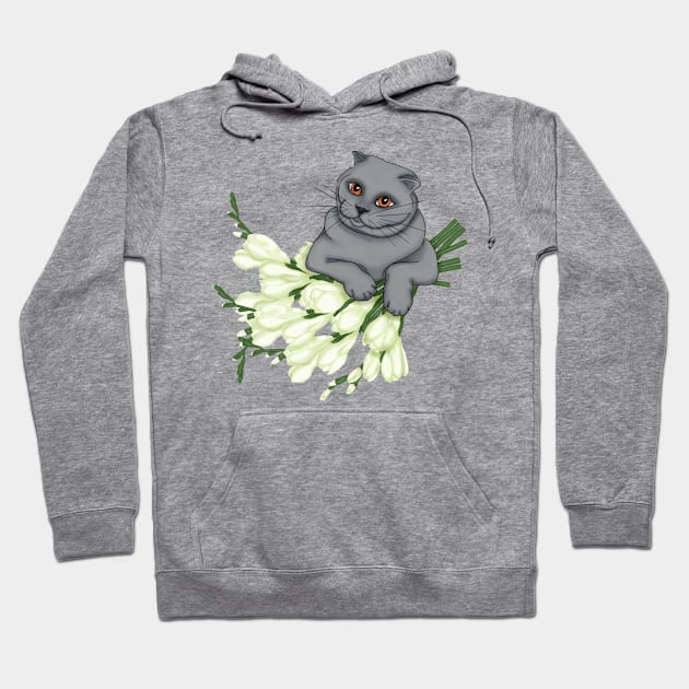 Scottish Fold Cat with a bouquet of freesia Hoodie by KateQR